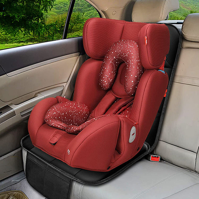 Universal fit car seat protector installed in vehicle