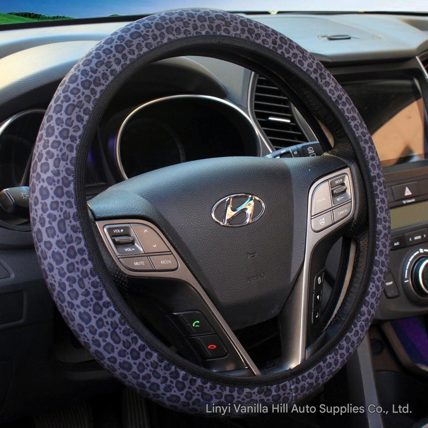 Different angles of the stylish leopard print steering wheel cover