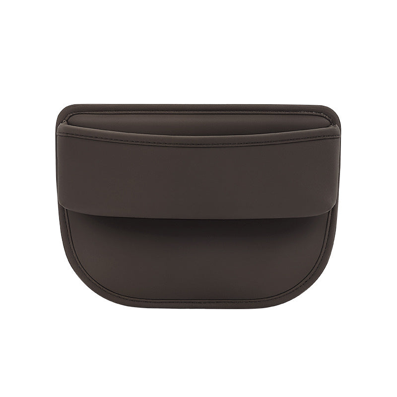 Image of elegant brown leather car seat storage box with logo