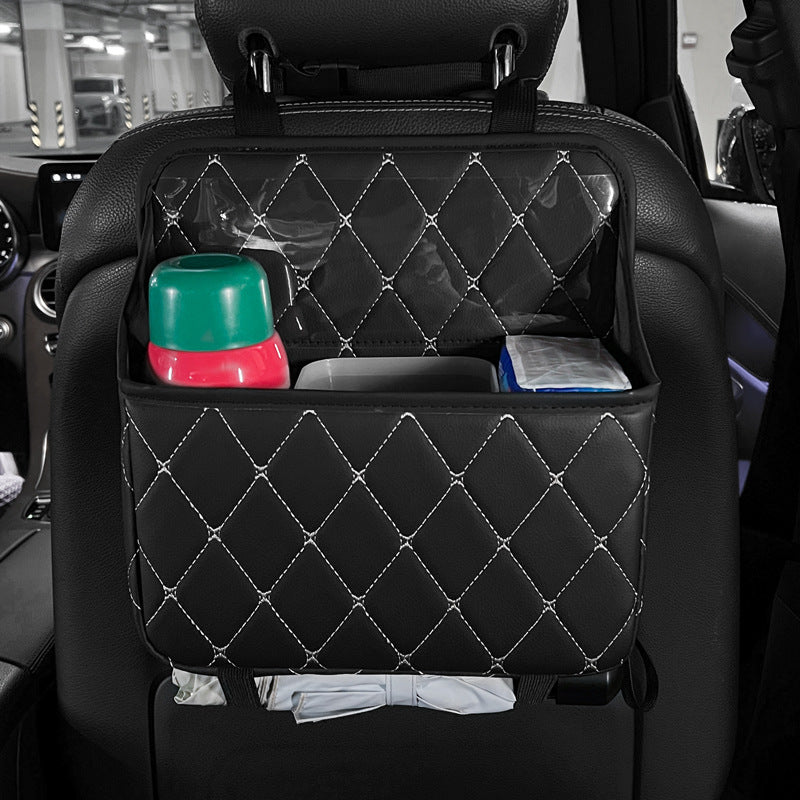 Beige quilted leather car seat back organizer