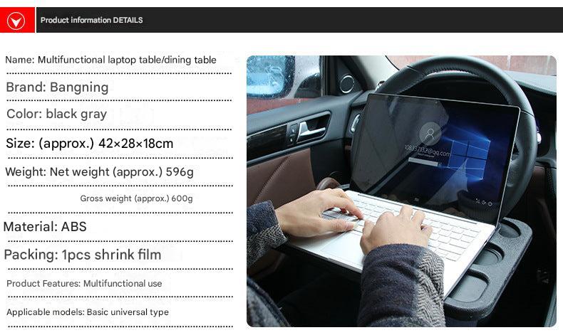 Eating tray attached to car's steering wheel