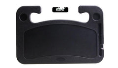 Grey car steering wheel desk supporting a laptop