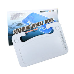 Steering wheel desk holding tablet and food