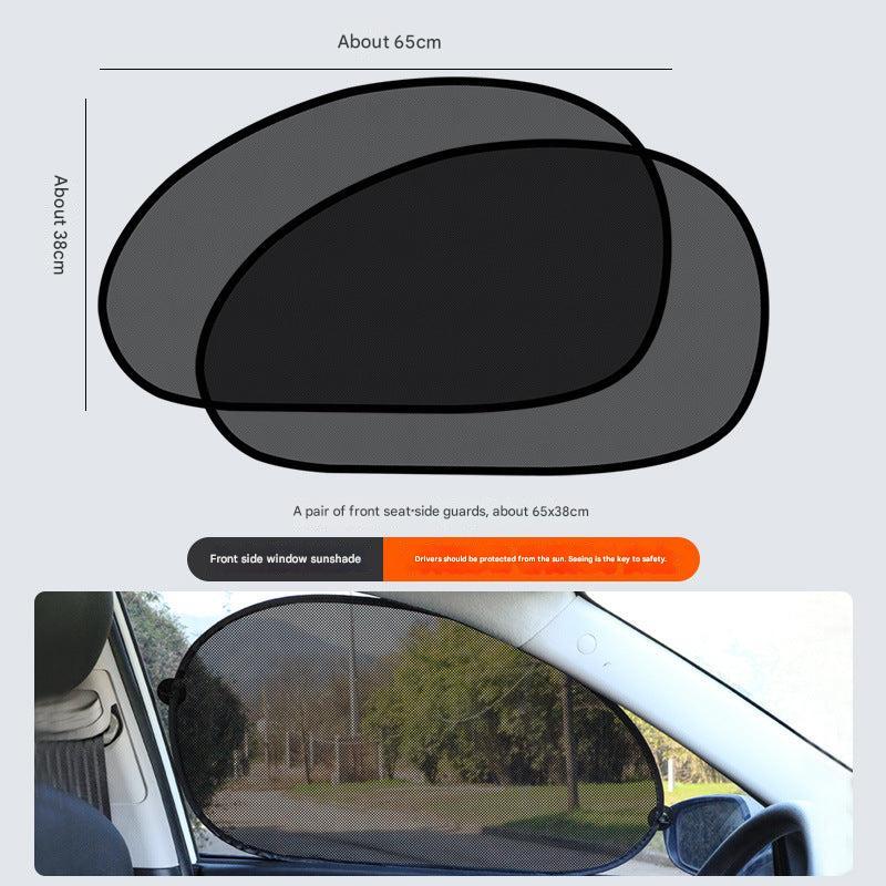 Side view of car with black mesh window shade