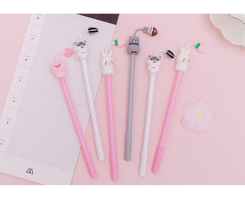Close-up of cartoon animal gel pen showing the smooth writing tip