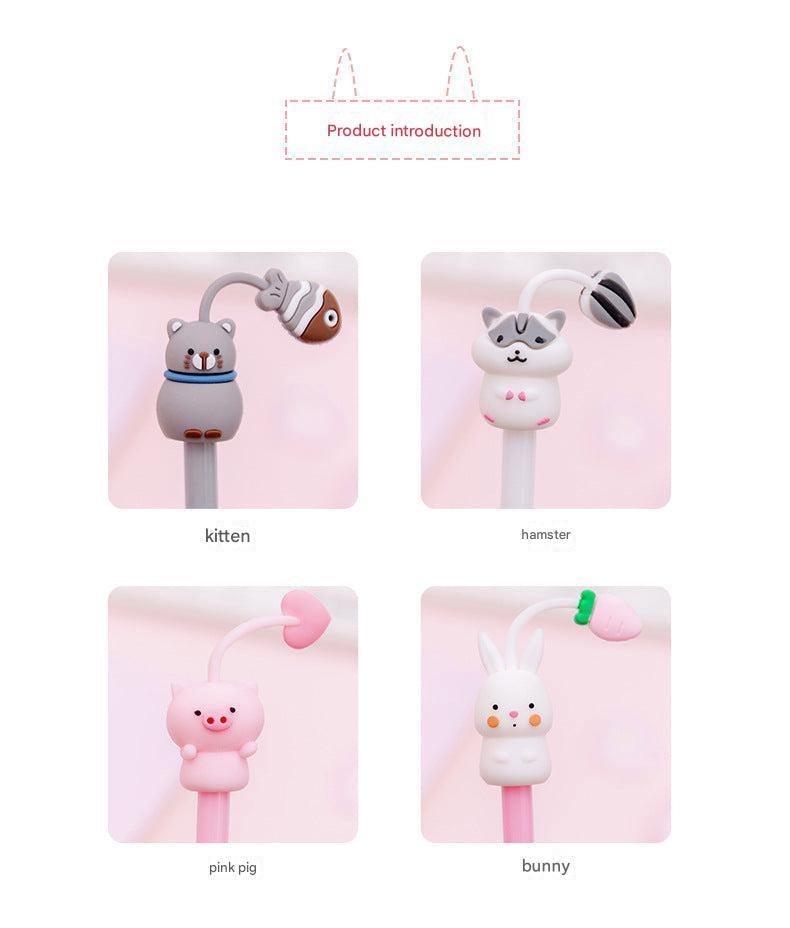 Various designs of cute gel pens for students on a desk