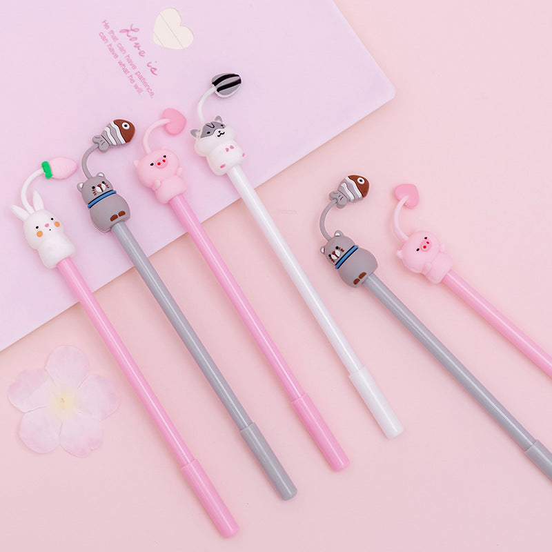 Various designs of cute gel pens for students on a desk