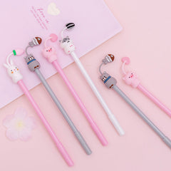 Various designs of cute gel pens for students on a desk