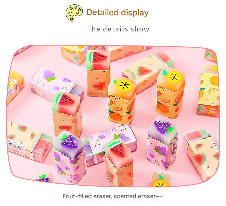 brightly displayed fruit-shaped erasers