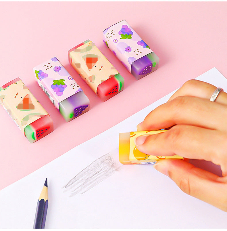 brightly displayed fruit-shaped erasers