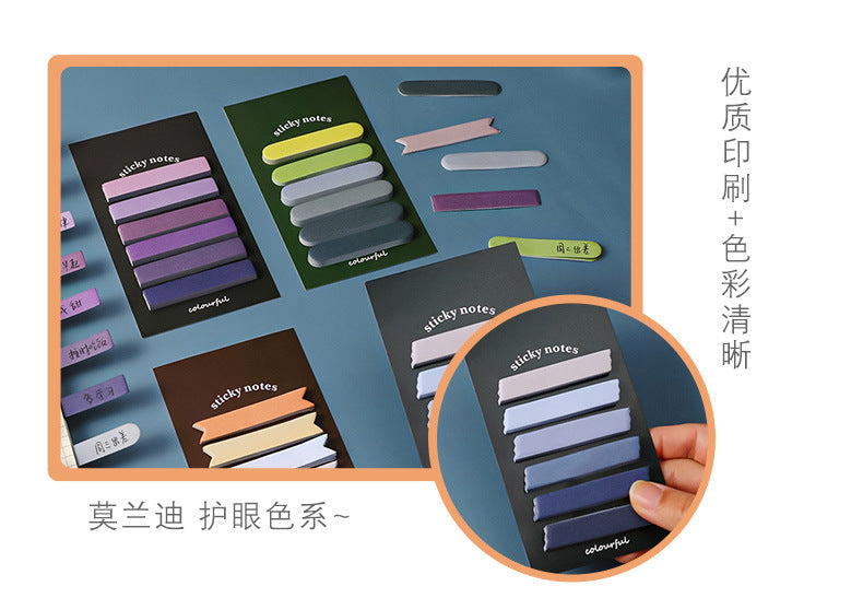 close-up view of Morandi sticky notes in use