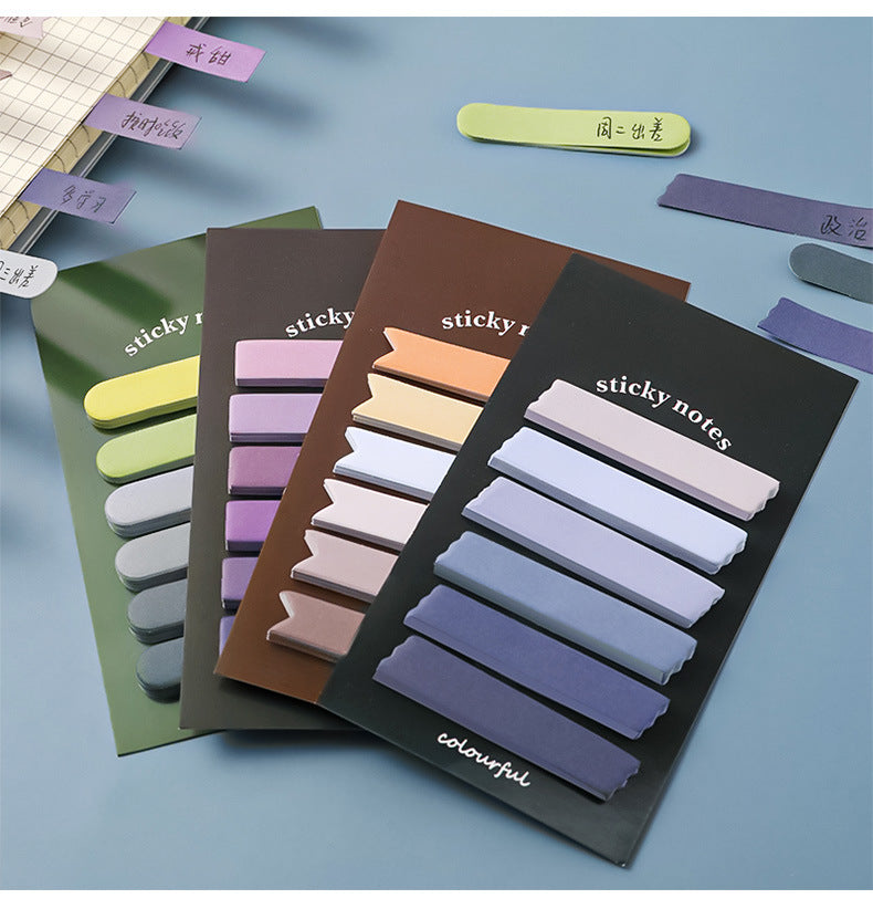 colour-coded sticky note sizes for organisation