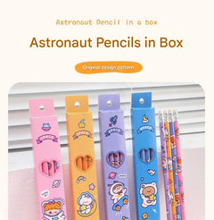 package of 4 astronaut-themed wooden pencils
