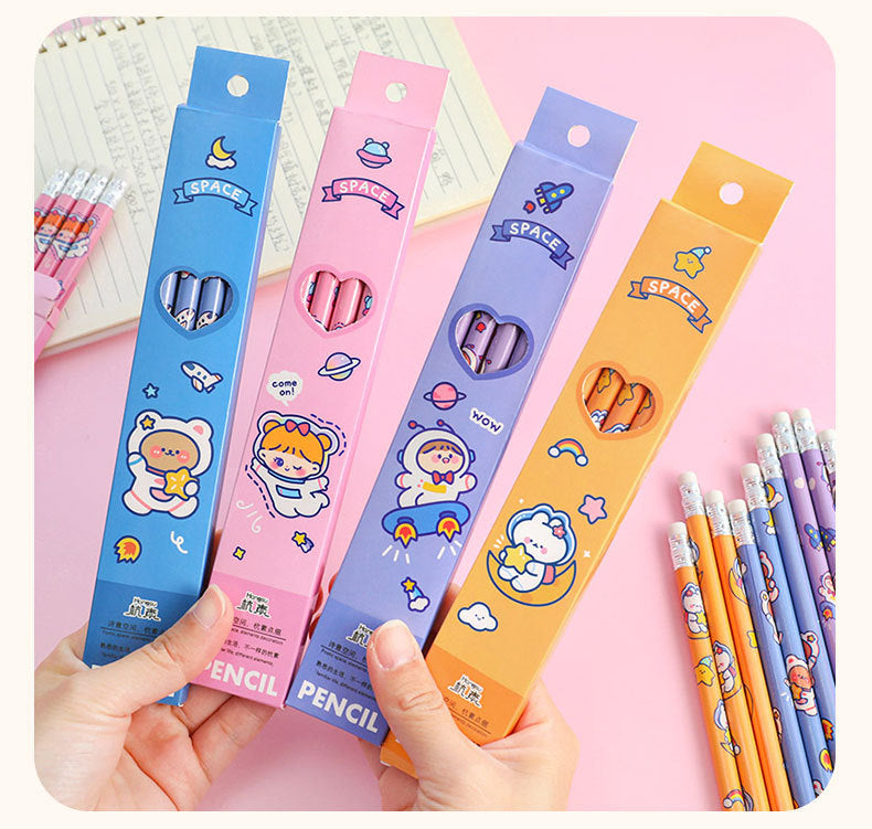 front view of astronaut-themed pencils set
