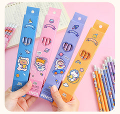 front view of astronaut-themed pencils set