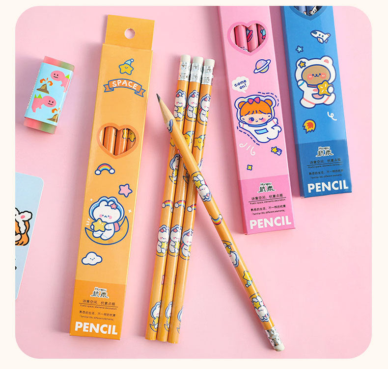 package of 4 astronaut-themed wooden pencils