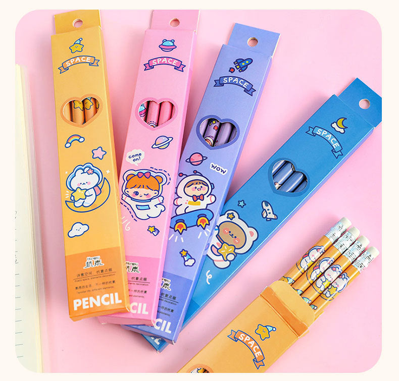 close-up of astronaut design wooden pencils