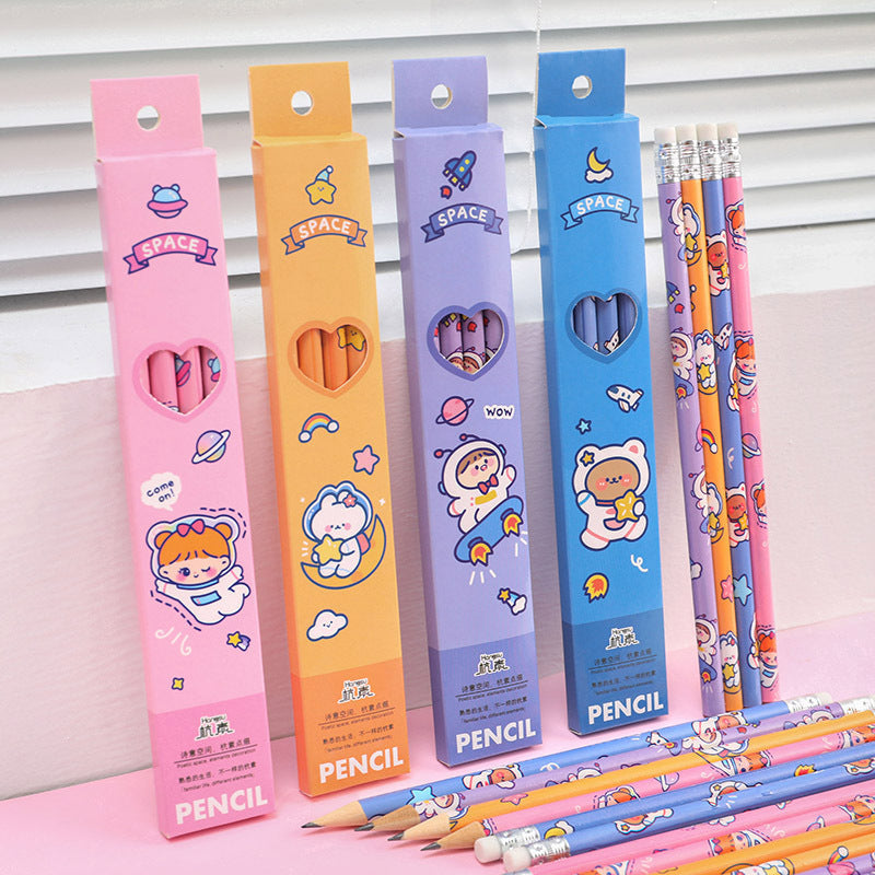 package of 4 astronaut-themed wooden pencils