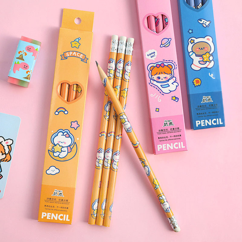 close-up of astronaut design wooden pencils
