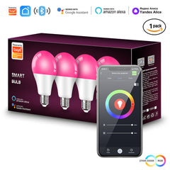 Smart bulb illuminated in colourful room