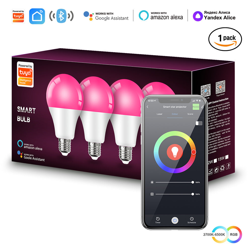 Smart bulb illuminated in colourful room