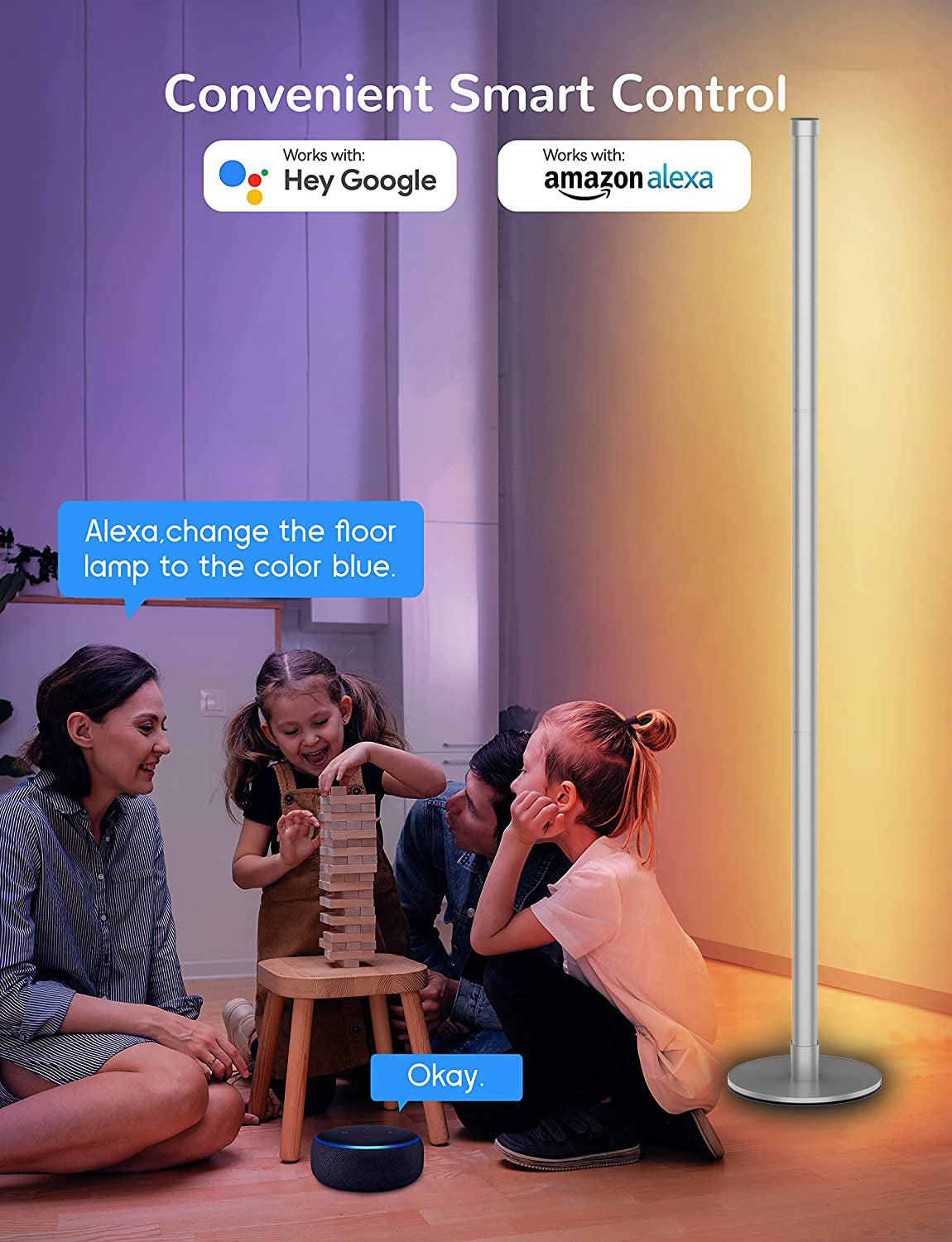 Side view showcasing adjustable height of floor lamp