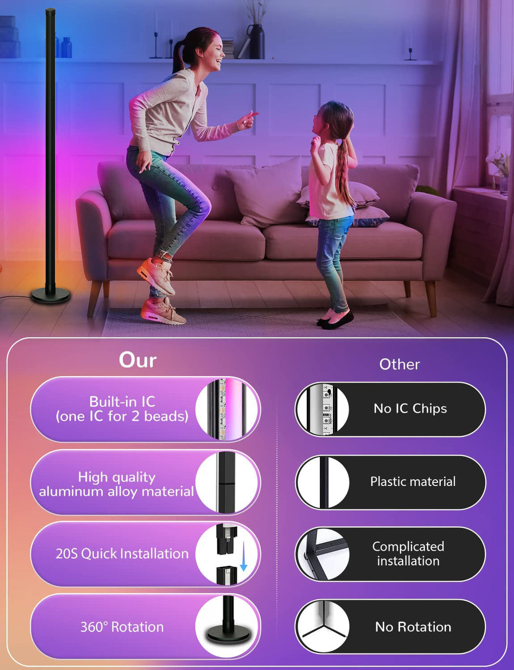 Modern Minimalist RGB Corner Floor Lamp with Bluetooth Control