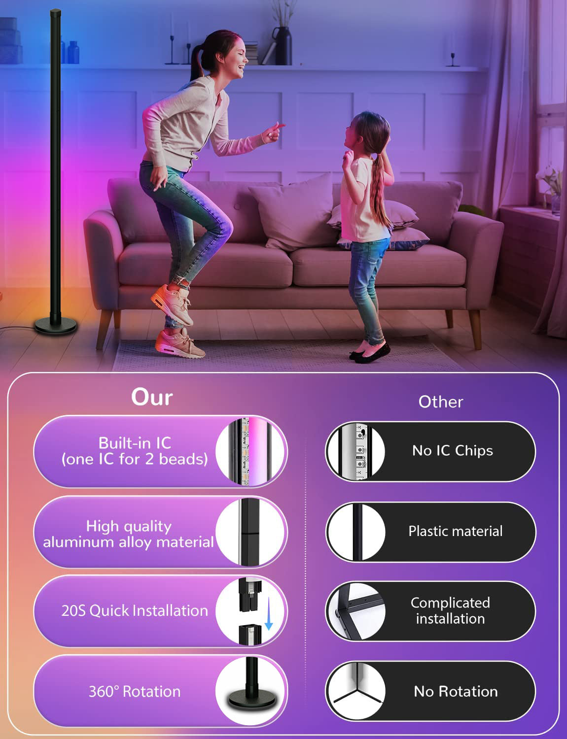 Modern Minimalist RGB Corner Floor Lamp with Bluetooth Control