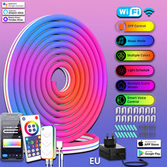 Close-up of RGBIC LED light strip showing multiple colours