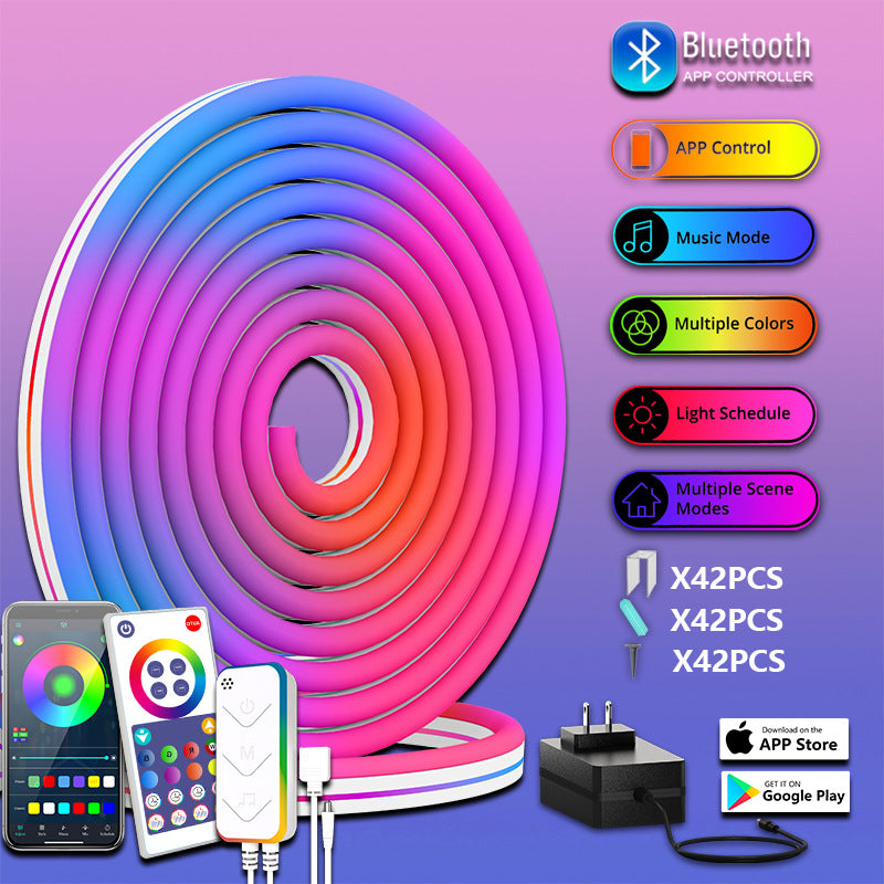 Flexible LED neon light strip curving around a corner
