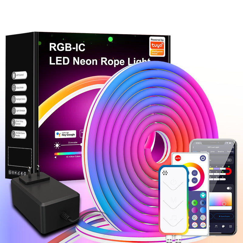 Flexible LED neon light strip curving around a corner