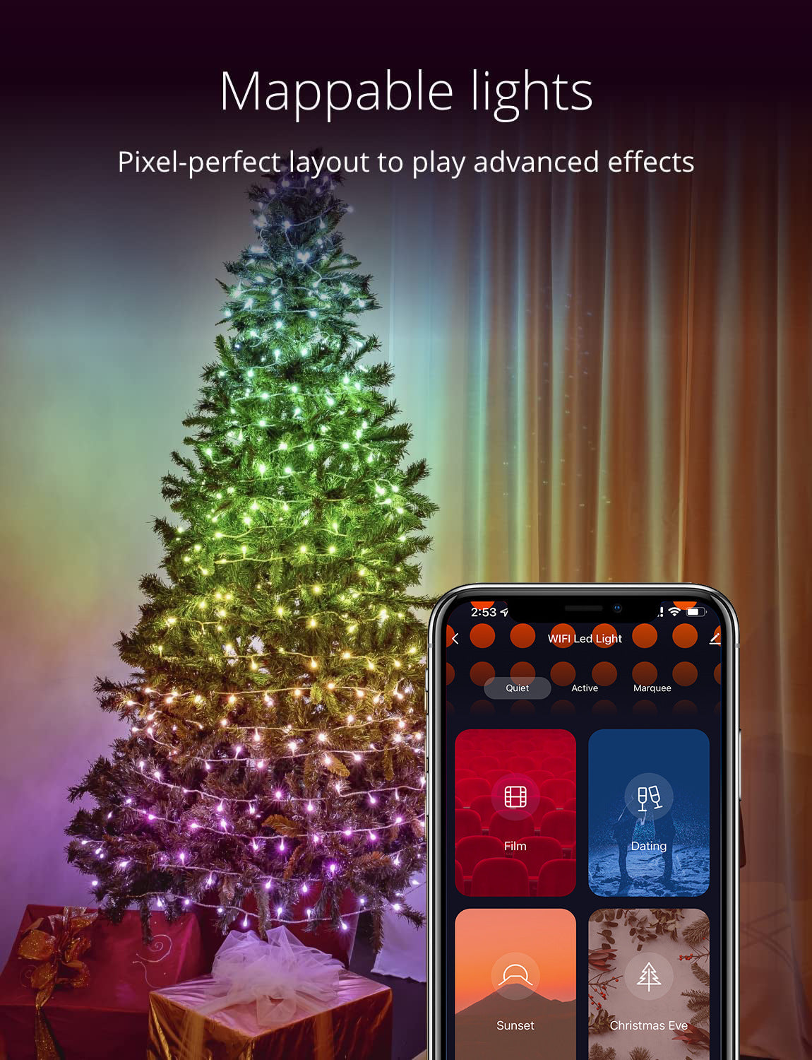 Colourful LED string lights in outdoor setup