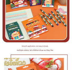 Group of festive cartoon-themed wax crayons