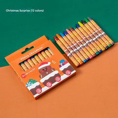 Group of festive cartoon-themed wax crayons