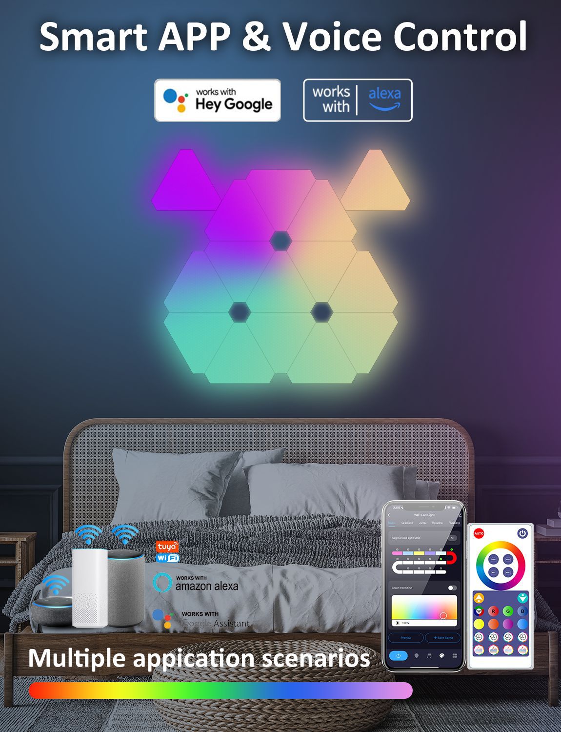 Modular RGB triangle lights in a dark room