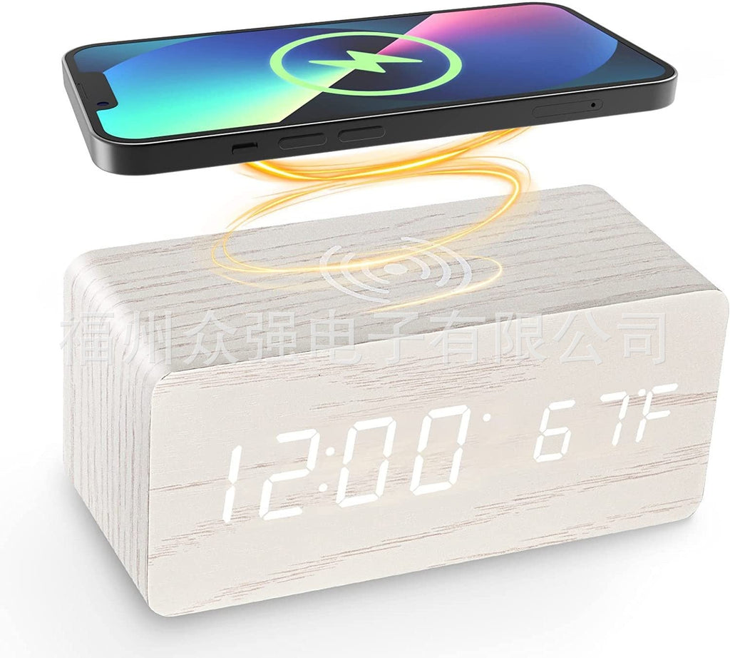Close up of LED display on wooden alarm clock