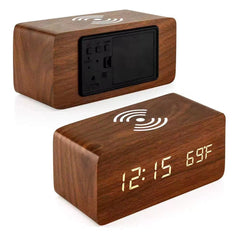 Close up of LED display on wooden alarm clock