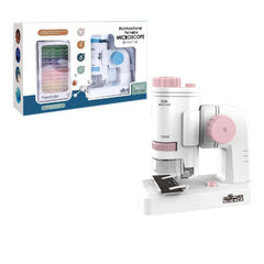 Child learning with pink handheld microscope