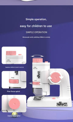 Child learning with pink handheld microscope
