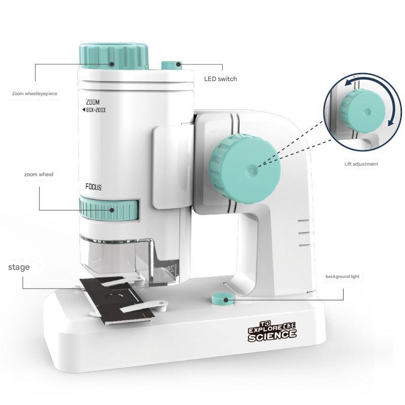 Child learning with pink handheld microscope