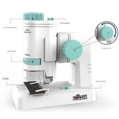 Child learning with pink handheld microscope