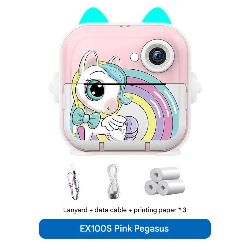 Children's digital camera in pink with a toy