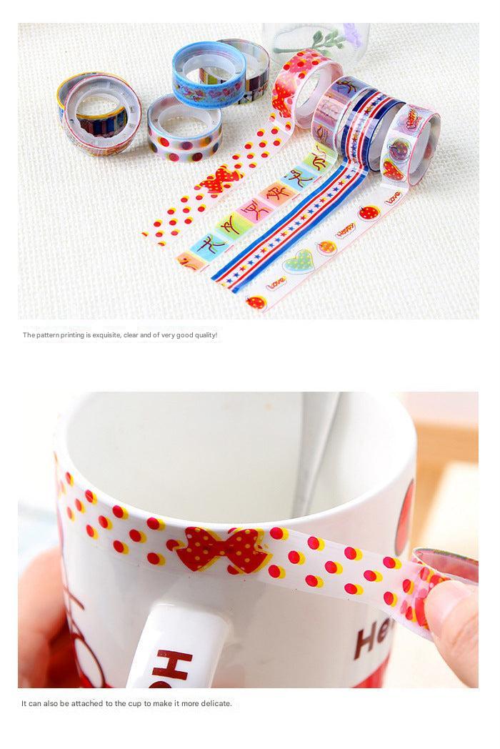 Children using cartoon tape for crafts