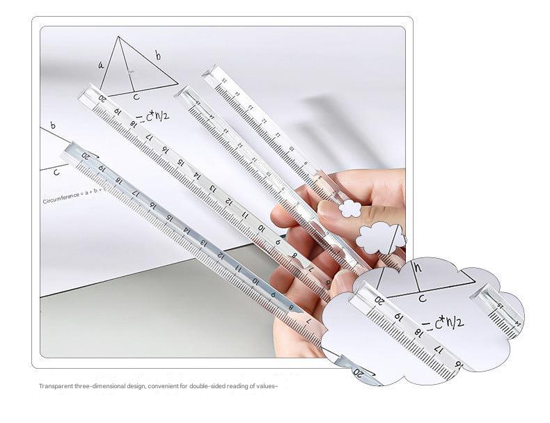 student using acrylic triangular ruler on desk