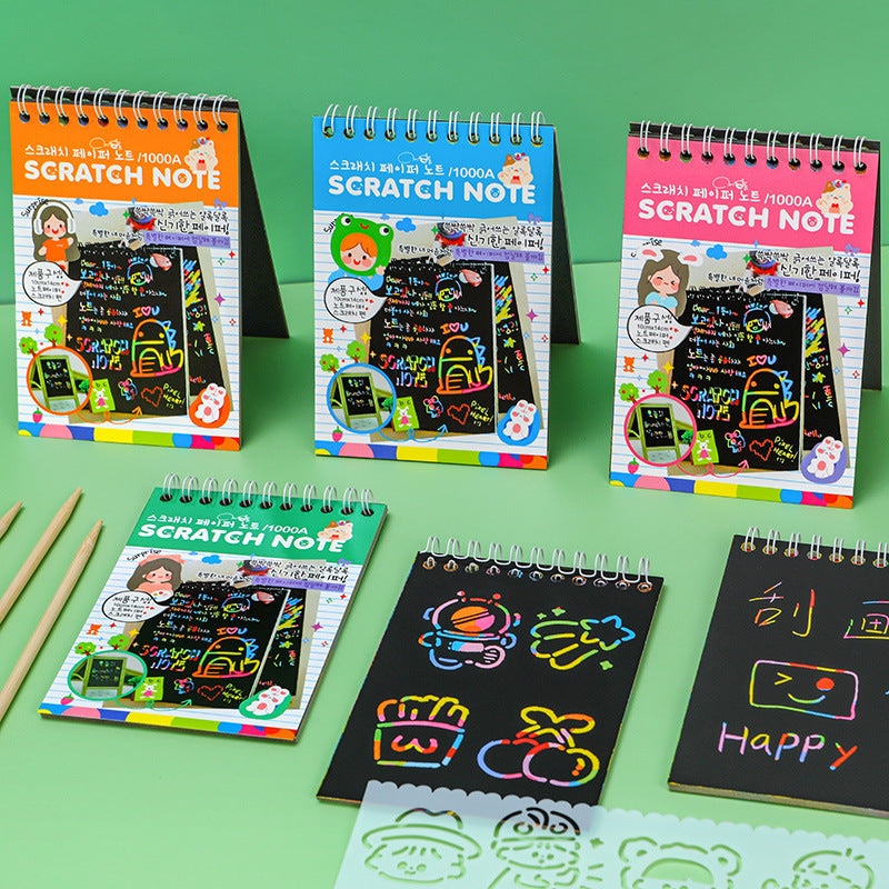 Close-up of colourful scratch art reveal