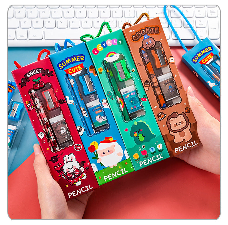 Close-up of cartoon themed stationery set