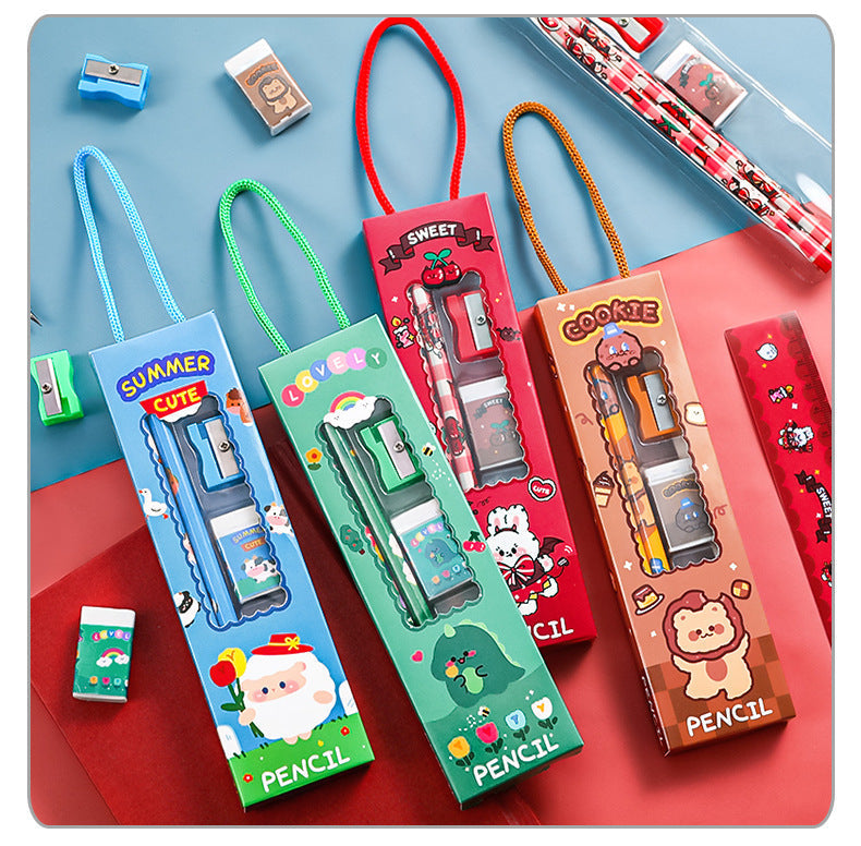 Five-piece kids stationery set including cute pencils