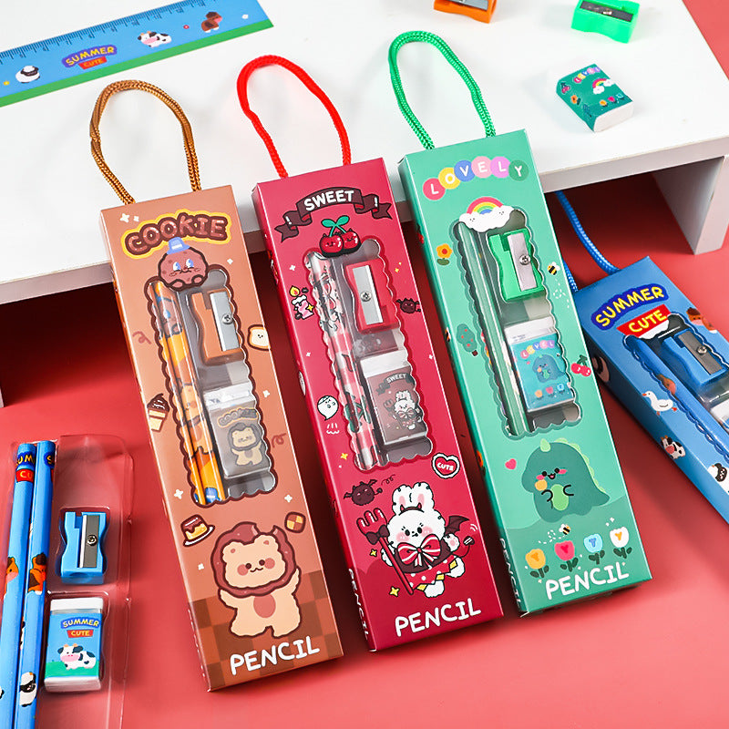 Five-piece kids stationery set including cute pencils