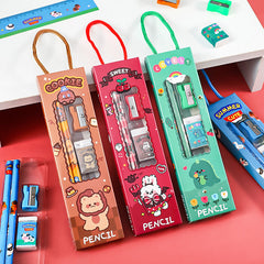 Five-piece kids stationery set including cute pencils