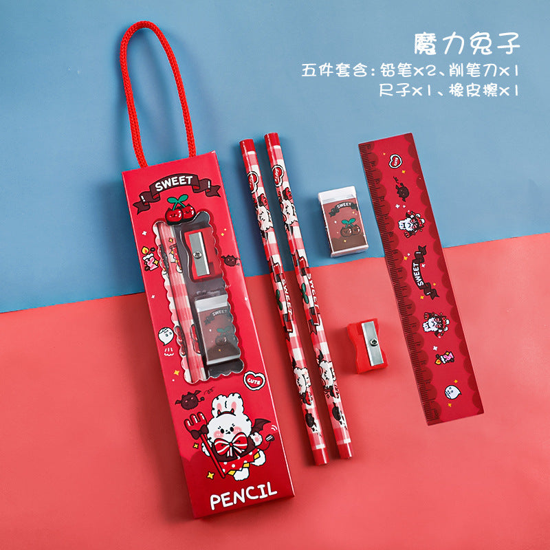 Magic bunny themed school supplies displayed